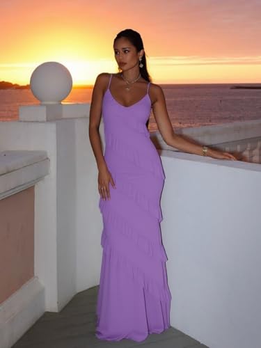 Image of HOCILLE Women's Sexy V Neck Backless Bodycon Spaghetti Strap Elegant Ruffle Maxi Cocktail Party Dresses