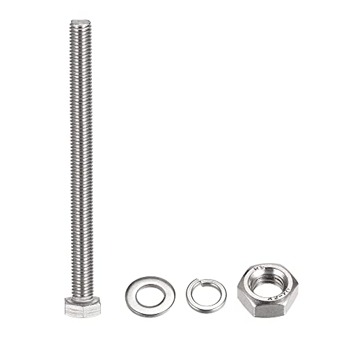 Image of uxcell M10 x 130mm Hex Head Screws Bolts, Nuts, Flat & Lock Washers Kits, 304 Stainless Steel Fully Thread Hexagon Bolts 6 Sets