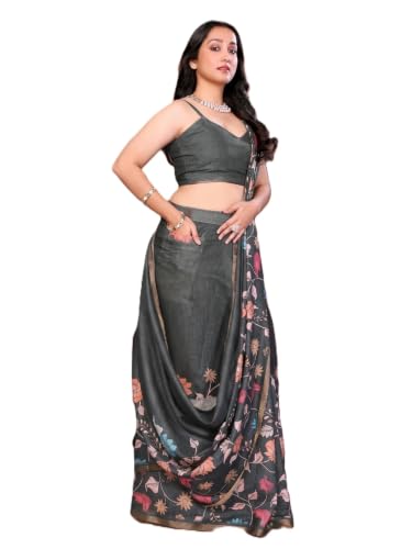 Image of SAMANTHA Black Floral Print Ready to Wear Linen Saree with Pocket & Adjustable Belt