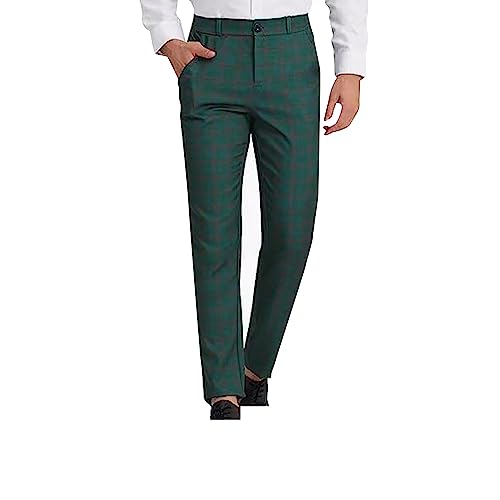 Mens Plaid Dress Pants Elastic Waist Flat Front Business Casual Suit Pant Vintage Classic Fit Work Pants with Pockets