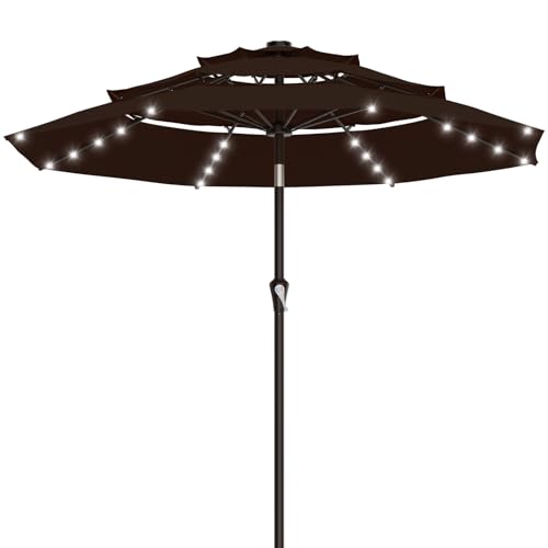 Image of AreShark 9ft 3 Tiers Patio Umbrella with Solar Lights, Outdoor Umbrella w / 32 LED Lights&8 Sturdy Ribs, Table Umbrella for Deck, Backyard, Pool (Dark Brown)