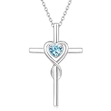 FANCIME Aquamarine Cross Necklace For Women Sterling Silver Birthstone Necklace Aquamarine Heart Cross Pendant March Birthstone Jewelry Gifts Valentines Day Gifts for Women