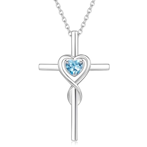 FANCIME Aquamarine Cross Necklace For Women Sterling Silver Birthstone Necklace Aquamarine Heart Cross Pendant March Birthstone Jewelry Gifts Valentines Day Gifts for Women
