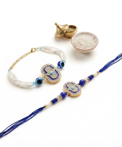 Image of Rakhi for Brother and Bhabhi Set of 2, Designer Rakhis for Rakshabandhan, Bhaiya Bhabhi Rakhi Set for Rang Panchami, Best Wishes Greeting Card and Tillak Set, Premium Thread Raki for Him