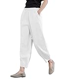 IXIMO Women's 100% Linen Pants Relax Fit Lantern Cropped TaperedPants Trousers with Elastic Waist