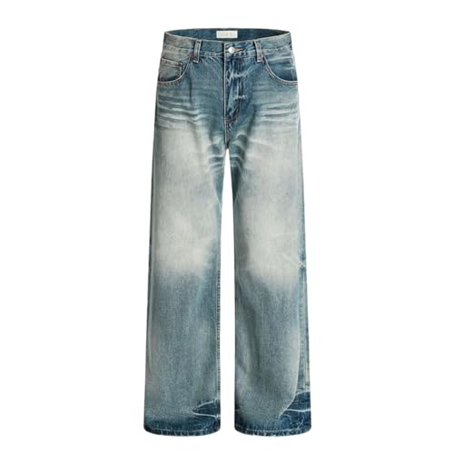 Men’s American Style Washed Jeans, High Street, Vintage Gradient, Loose Fit, Straight Leg Denim