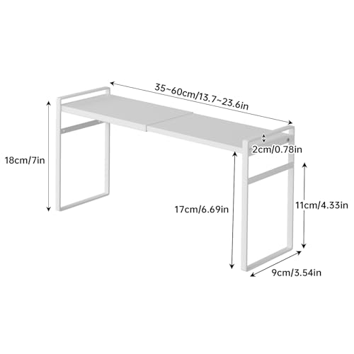 WOCHUANGSI Expandable Metal Spice Organizer Shelf, Standing Small Narrow Rack for Seasonings, Adjustable Kitchen Storage Shelf Countertop (White, L13.7-23.6''*W3.54''H7'')