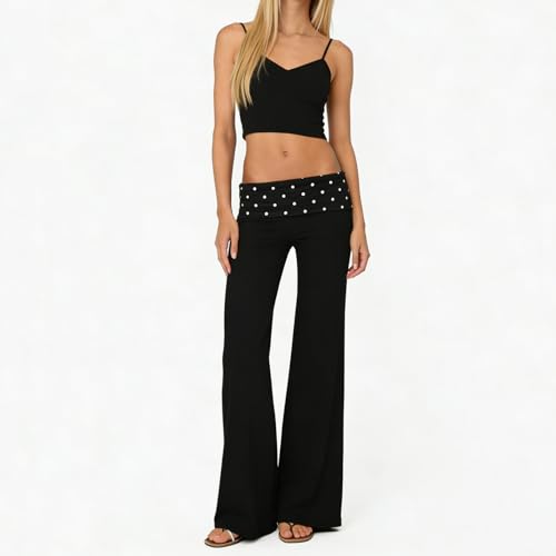 Image of Lounge Yoga Pants for Women Fold Over Low Waist Wide Leg Bell Bottoms | Y2K Foldover Pants, Flare Leggings, Low Rise Yoga Sweatpants
