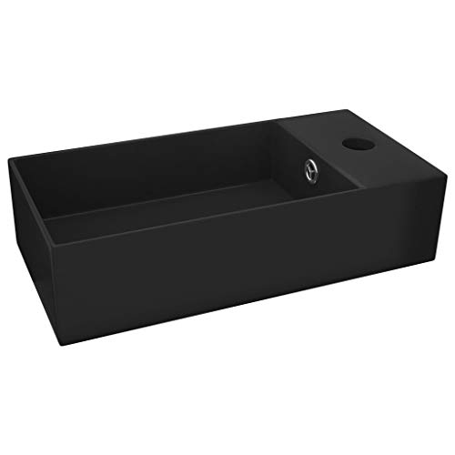 vidaXL Lavabo de Salle de Bain avec Trop-plein Vasque à Poser de Toilette Lave-mains de Salle de Bain Cuisine Maison Intérieur Céramique Noir Mat