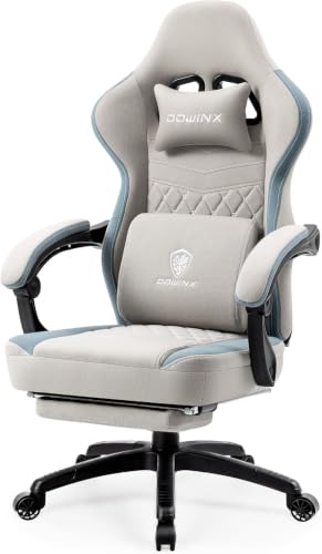 Image of Dowinx Gaming Chair Breathable Fabric Game Chair with Gel Pad and Storage Bag, Comfortable Gamer Chair with Pocket Spring Cushion,Ergonomic Computer Chair with Footrest,Grey