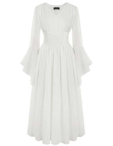 Scarlet Darkness Renaissance Dress for Women Peasant Plus Size Bell Sleeve Medieval Dresses White XXL
