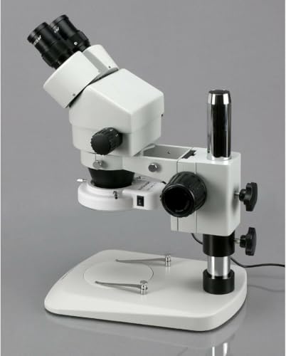 Image of AmScope SM-1BN-64S Professional Binocular Stereo Zoom Microscope, WH10x Eyepieces, 7X-45X Magnification, 0.7X-4.5X Zoom Objective, 64-Bulb LED Ring Light, Pillar Stand, 110V-240V