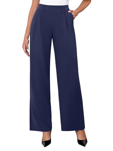 DLOODA Womens Wide Leg Dress Pants Stretchy High Waisted Work Pants Business Casual Office Trousers with Pockets (Navy M)