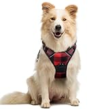 rabbitgoo Dog Harness No Pull with 2 Leash Clips, Adjustable Soft Padded, Reflective Oxford No Choke Pet Vest with Easy Control Handle for Medium Sized Dogs, Red Plaid, M