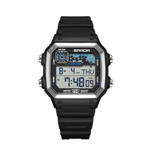 Vlwm メンズ デジタルスポーツウォッチ|防水 夜光 多機能|アラーム/ストップウォッチ/カウントダウン 搭載|スタイリッシュ シンプルデザイン|学生/運動用 目覚まし計時対応 (ブラックシルバー)