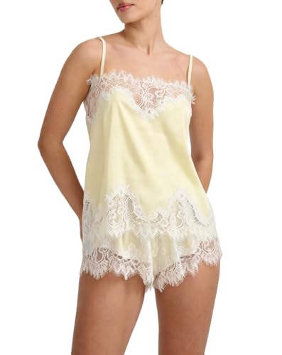 Image of ROAONOCOMO Women Lace Trim Pj Shorts Set Square Neck Coquette Tank Top Silk Satin Pajama Set Babydoll 2 Piece Shorts Outfit