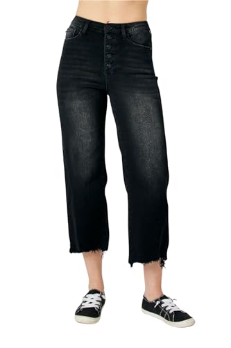 Judy Blue High Waist Distressed Raw Hem Wide Leg Crop Jeans, Black