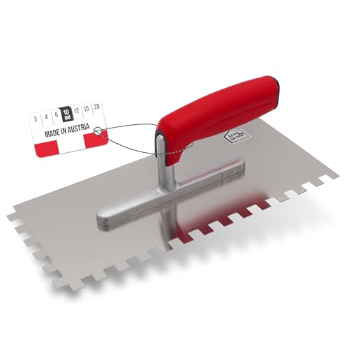 WERKFIT Professional Toothed Trowel Made of Stainless Steel 10 mm - Smoothing Trowel Serrated Rustproof - Toothed Spatula with Soft Grip - Eaves Made in Austria 280 x 130 mm (10 x 10 mm)