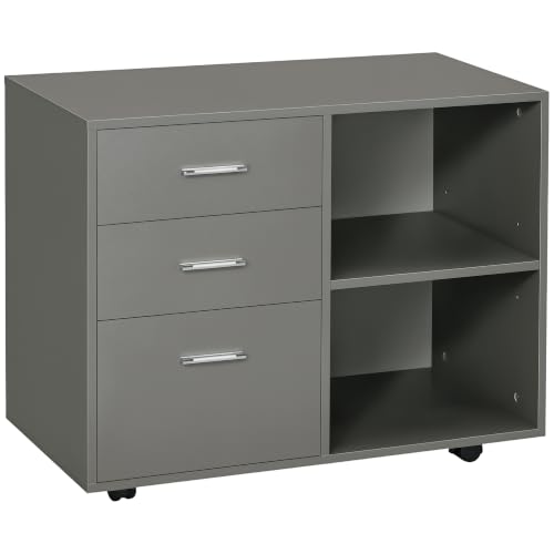 HOMCOM Modern Lateral Filing Cabinet, 3 Drawer File Cabinet, Mobile, Printer Stand with Open Shelves, Rolling Wheels, Grey