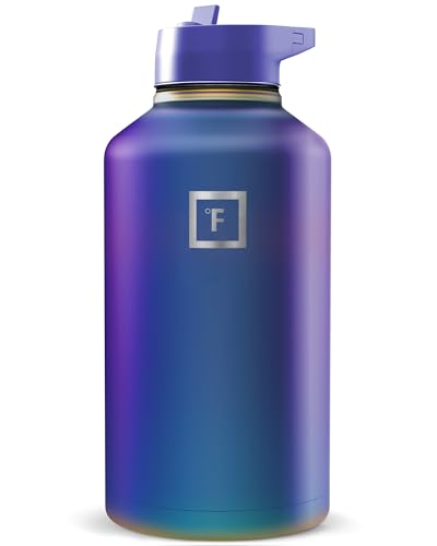 Image of IRON FLASK Camping & Hiking Hydration Flask with Straw, Wide Mouth Insulated Stainless Steel Sports Water Bottle - Aurora 64 oz - Straw (1 Lid)