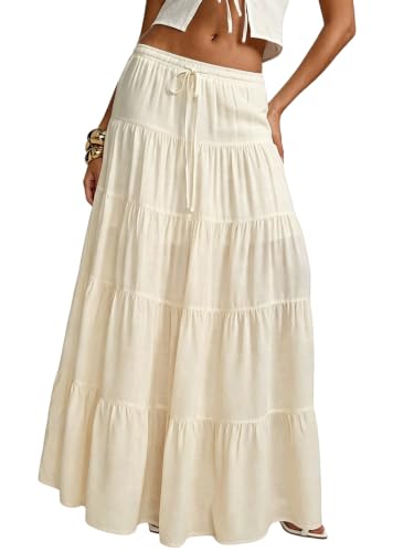 Image of Women's Boho Maxi Skirt Ruffle Flowy Low Rise A Line Beach Long Skirts | Flared Ruffle, Elastic Waist, Summer Vacation Skirts