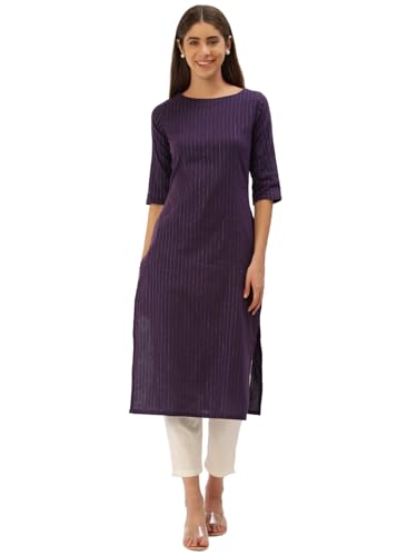 Image of Saanjh Women's Fit Straight Cotton Blend Long Kurta, 3 /4 Sleeve, Knee Length Kurtis, Casual and Office Wear