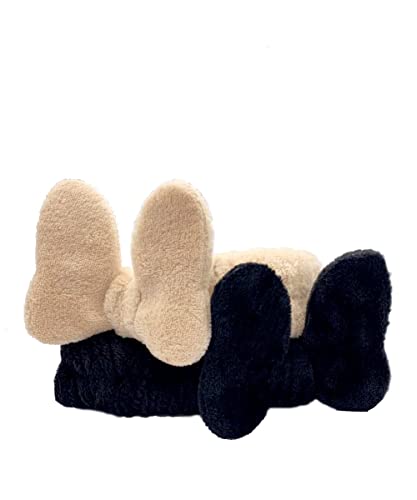 Avaa SPA Headband for Washing Face–2-Piece Set Makeup Headband–Soft and Elastic Cute Headbands for Women–Multipurpose and Practical Bow Headbands for Gym, Shower–Cute Color Combinations(Beige-black)