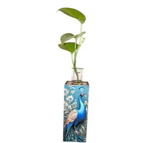Handcrafted Peacock Printed Wooden Planter Vase with Glass Test Tube, Blue, Home Decor-image-41