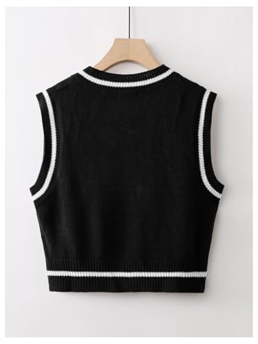 Image of Floerns Women's V Neck Letter Striped Trim Sleeveless Sweater Vest Knit Top