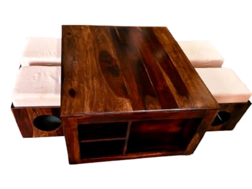 Image of Furniture Sheesham Wood Round Center Coffee Table | Wooden Teapoy Tea Cocktail Tables (Light Walnut Finish, 96.5D x 76.2W x 45.7H CM)