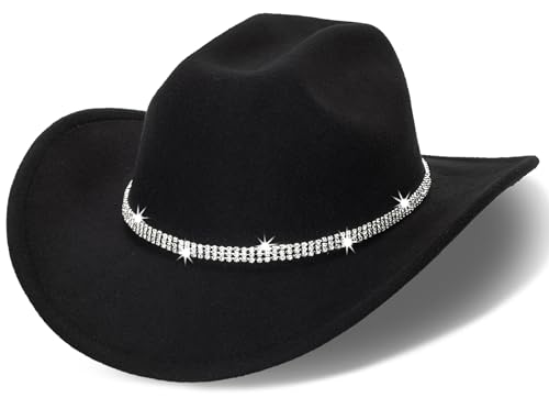 Womens Cowgirl Studded Pinched Western Cowboy Hats Wide Brim Gaucho Hat Fedoras Hat with Belt Buckle(M/L) (US, Alpha, Medium, Black-3 Diamonds)