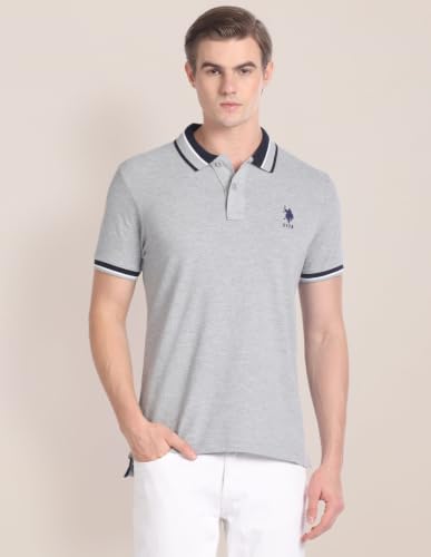Image of U.S. POLO ASSN. Slim Fit Cotton Polo T Shirt for Men - Breathable, Half Sleeves Mens Tshirt - L, Grey