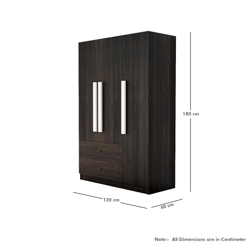 Image of Bniture Wooden Almirah for Clothes, Door for Bedroom, 3 Door Wardrobes with 2 Drawer & Hanging Space (40D x 120W x 180H CM) | 3 Year Warranty (Flower Wenge)