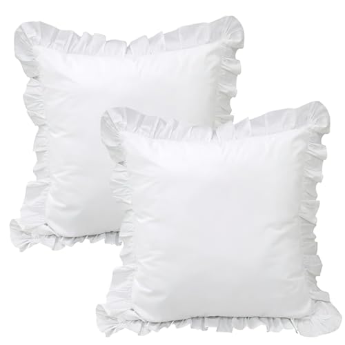 QSH White Ruffled Euro Pillow Shams Set of 2,Shabby Boho Chic Farmhouse Euro Pillow Covers Vintage Ultra Soft and Breathable Microfiber Pillowcases 26"x26" for Bedroom