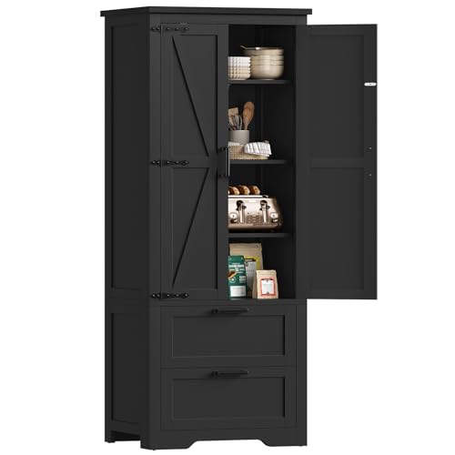 Image of TEENFON 66.1 inch H Storage Cabinet, Farmhouse Kitchen Pantry Cabinet with 2 Drawers & Adjustable Shelf, Bathroom Cabinet, for Living Room, Kitchen, Bathroom, Black