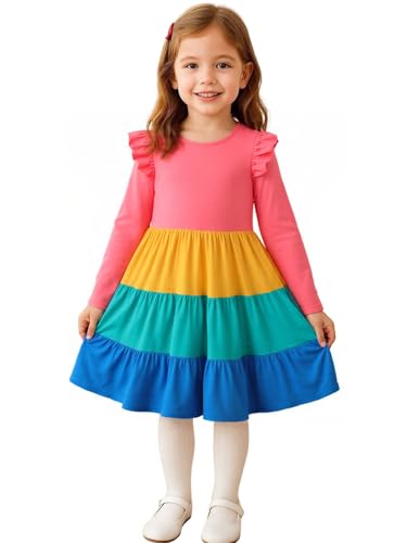 Image of Girl Long Sleeve Dress Ruffle Rainbow Color Block Cotton Casual Tiered Pleated Twirly Dress