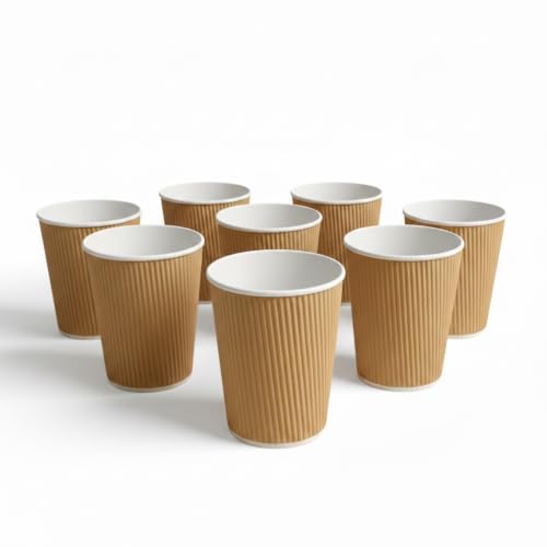 Image of NATION PACK - 50 x 12oz Brown Ripple Wall Paper Coffee Cups & 50 Free Black Lids Included, Triple Wall Insulated, Leak-Proof, Disposable Paper Cups for Hot & Cold Drinks (Without Lids)