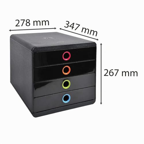 Caisson 4 tiroirs fermés Exacompta POP-BOX noir et arlequin avec dimensions compactes A4+