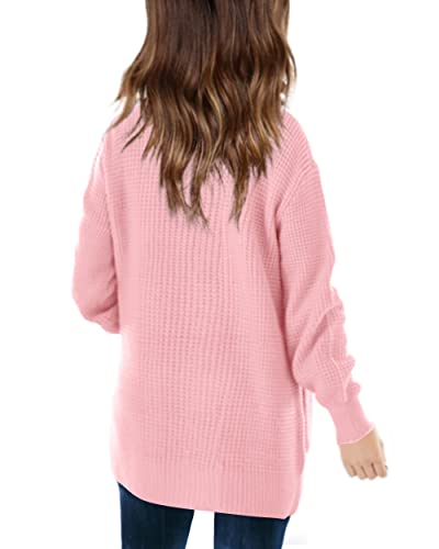 Apbondy Girls Cardigan Chunky Open Front Waffle Knitted Long Sleeve Oversized Sweater Coat Outerwear With Pockets Pink Xl #TOP1