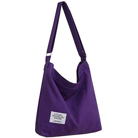Covelin Women's Retro Large Size Canvas Shoulder Bag Hobo Crossbody Handbag Casual Tote, Purple, L Cover