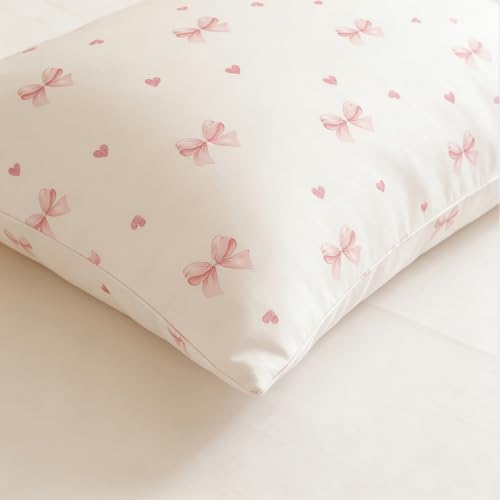 Image of Nayoroom Pink Bow Duvet Cover Full Size Coquette Pink Heart Duvet Cover 3 Pieces Soft Lightweight Microfiber Kids Girls Cute Aesthetic Dorm Bedding Set