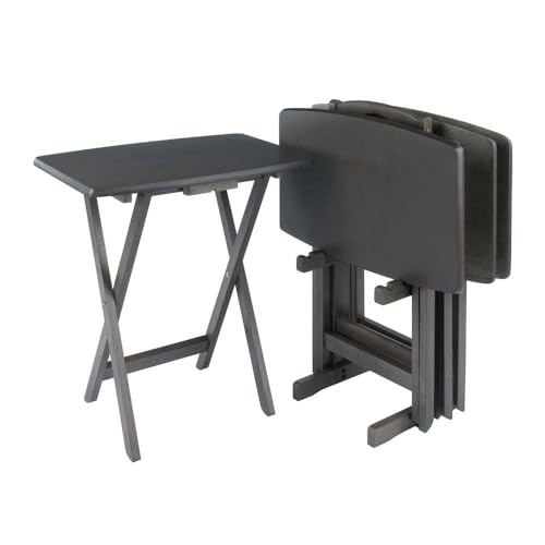 Furnifact 5-PC TV Tray Table Set with Storage Rack Oversized Black Tops Solid Wood Frame Portable Small Folding Table for Living Room