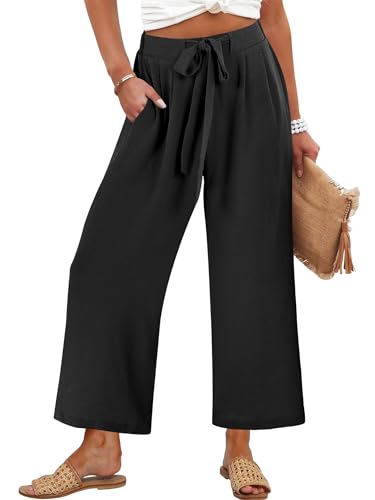 Caracilia Womens Wide Leg Palazzo Pants Cropped High Waisted 2026 Summer Casual Loose Lounge Flowy Travel Work Trousers Black Large