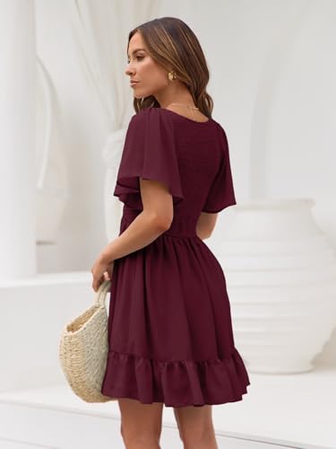 Image of LILLUSORY Women's Flowy Casual Mini Dresses 2026 Summer Graduation Smocked V Neck Vacation Dress Dress with Pockets