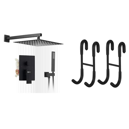 BWE Black Shower Faucet 16 Inch Square Luxury Rain Mixer Shower System Sets Bundle with 2 Pack Shower Door Hooks
