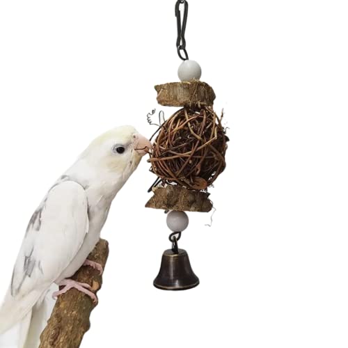 Bird Chewing Toys-Natural Wood Hanging Bird Cage Toys Set-Bird Swing Toys for Parrots, Parakeets, Cockatiels, Lovebird, Budgie, Conures (Rattan with Bell)