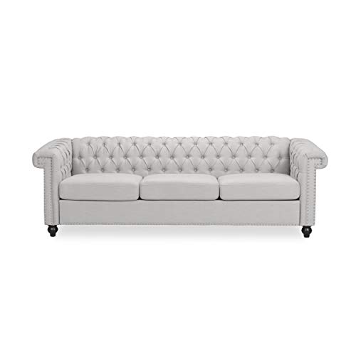 GDF Studio Noble House Parkhurst Tufted Chesterfield Fabric Sofa in Pebble Gray and Brown