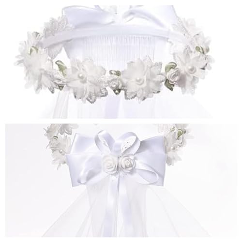 Colorful House Flower Girls White First Communion Veil Headband with Bow (60cm/24inch, Wreath Rose) - Thumbnail 5