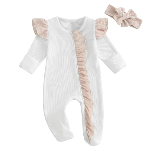 Image of Blotona Newborn Baby Girl Clothes Infant Footies Romper Ruffle Long Sleeve Zipper Jumpsuit Waffle Knit Coming Home Outfit