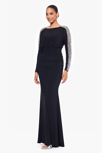 Betsy & Adam Women's Long Embellished Sleeve Ruched Waist Evening Gown with Keyhole Back Detail3